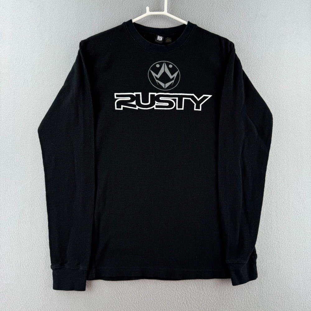 Vintage Y2K Rusty Shirt Mens Large Black Long Sleeve Thermal Waffle Surf Skate
